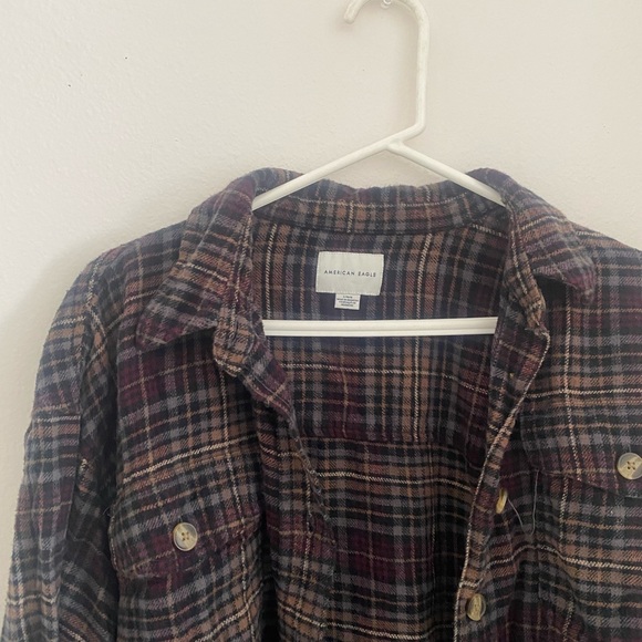 American Eagle Plaid Brown Button Up Cropped Shirt - Picture 3 of 3